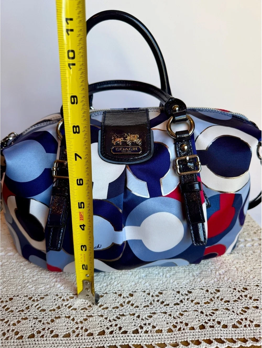 Coach 21233 Kristin Op Art Satin Satchel Crossbody Bag Blue Red Patent Leather